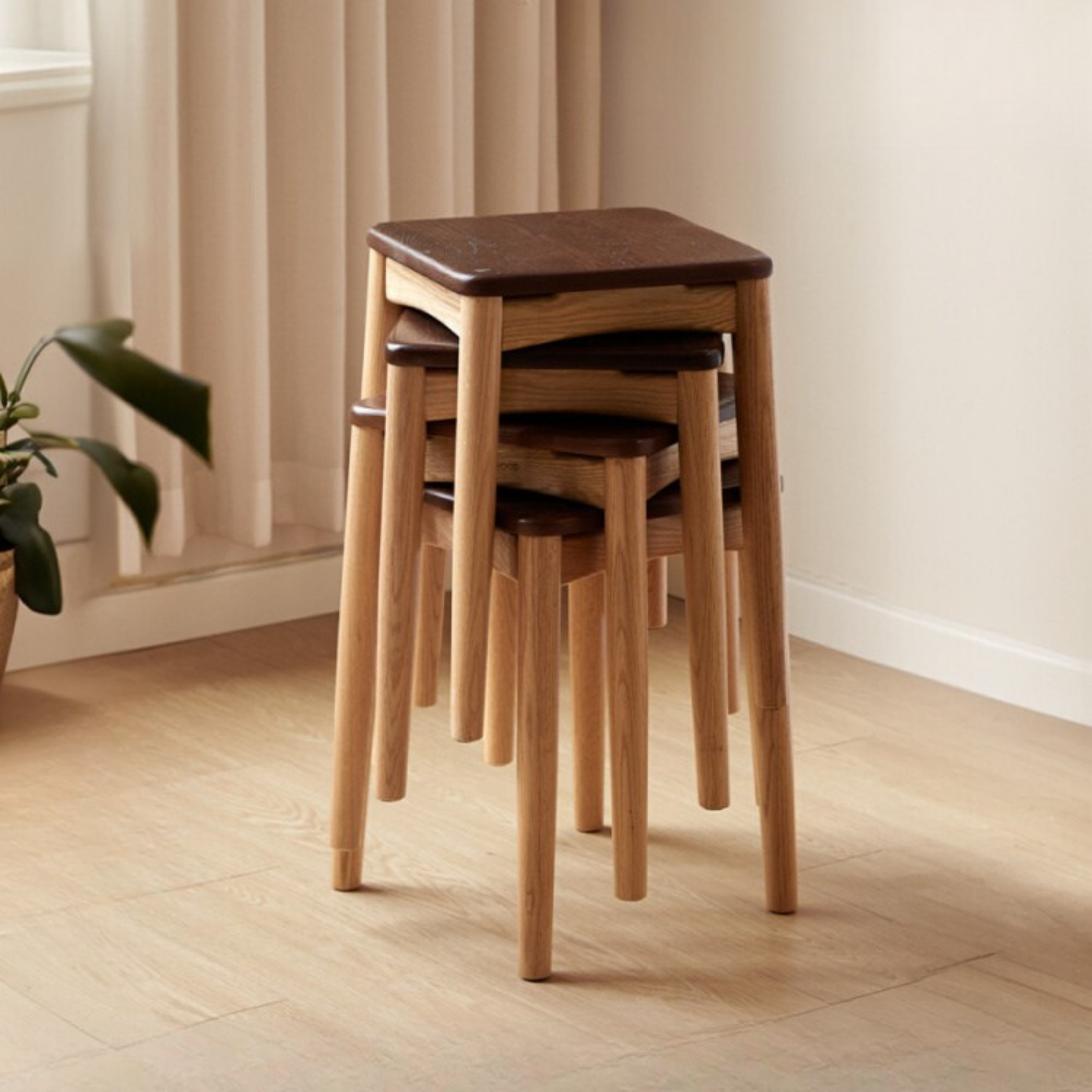 4 pcs -Oak Solid Wood Square Stool