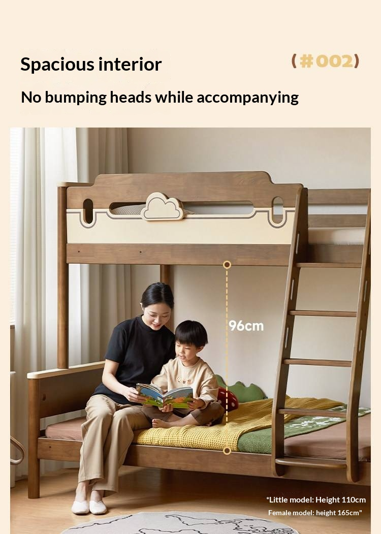 Rubberwood Solid Wood Castle-Inspired Bunk Bed with Cloud Cutout Guardrail