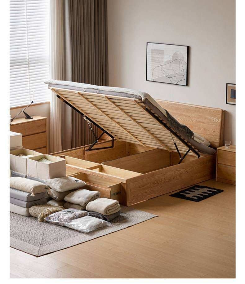 Oak Solid Wood Storage Bed with Hydraulic Lift-Up Frame and drawers