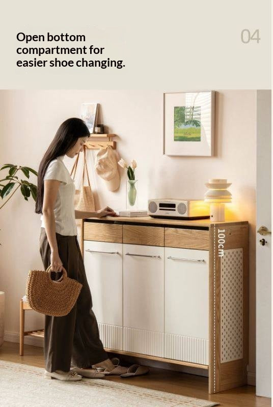 Oak Solid Wood Large Capacity Shoe Storage Cabinet with Fluted Panel Doors and Adjustable Shelves