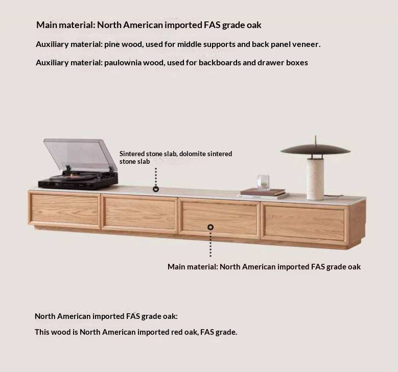 Oak Solid Wood TV Stand with Integrated Storage and Stone Top Panel