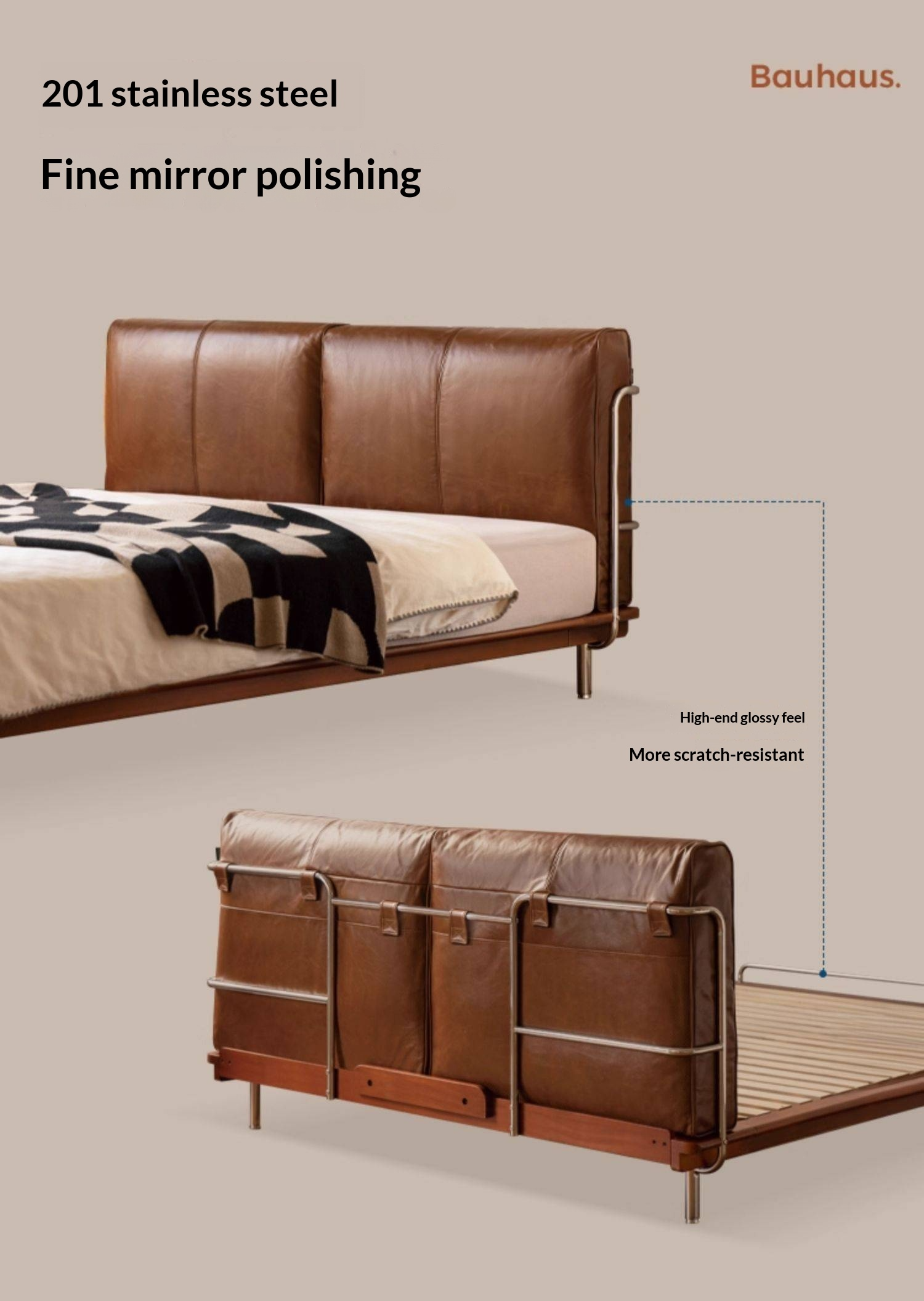 Genuine Leather Bauhaus Style Double Bed with Top Grain Cowhide Soft Backrest