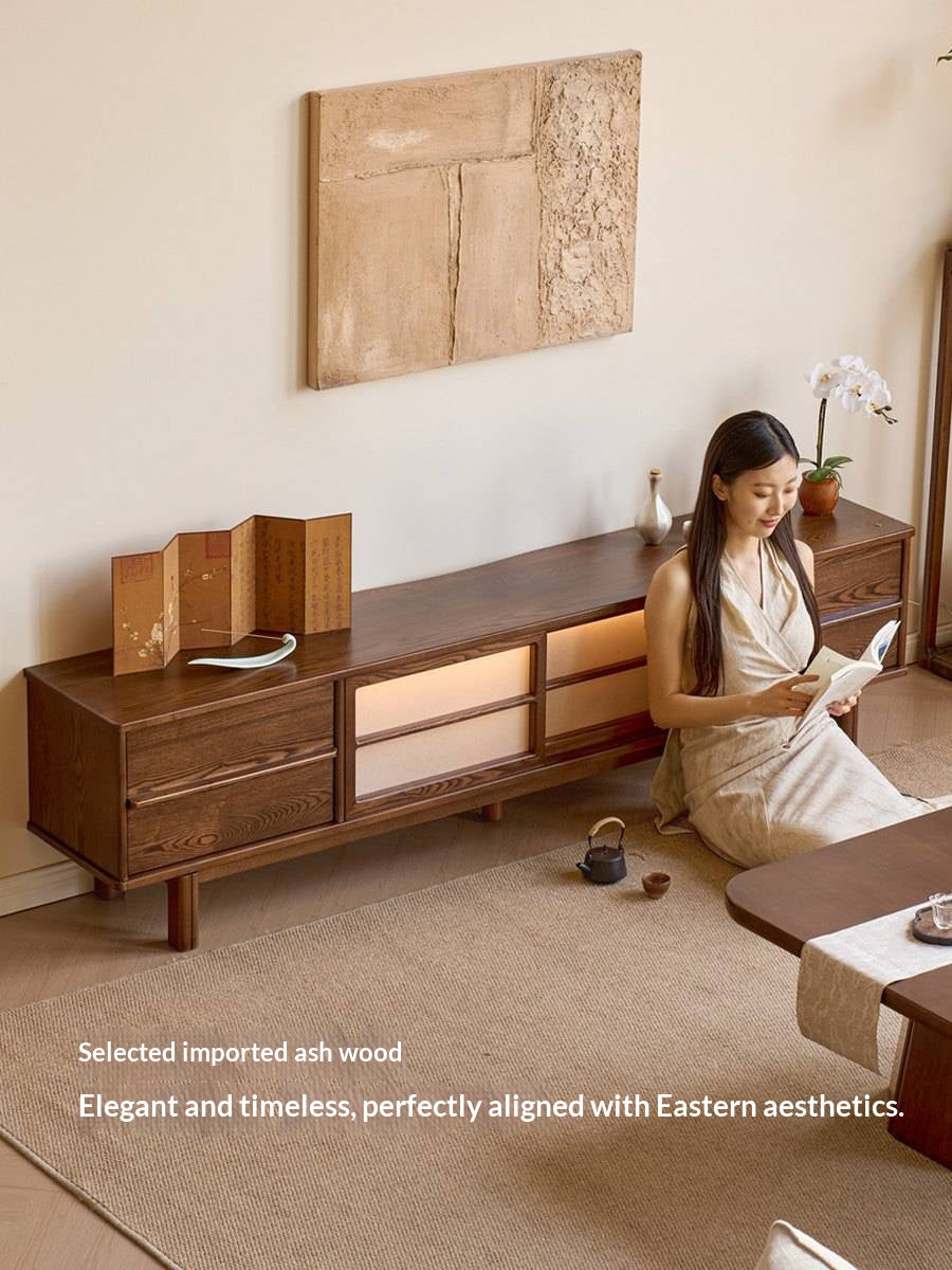 Ash Solid Wood Japanese Shoji-Style TV Console with LED Ambient Lighting