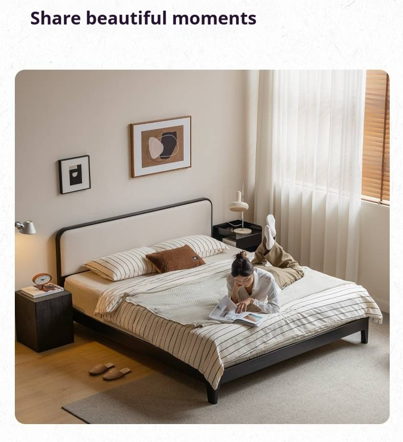 Rubberwood Solid Wood Bed — Modern Minimalist Black Design with Soft Headboard