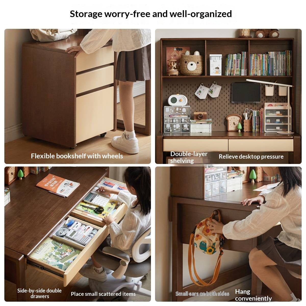 Solid Rubberwood Children's Desk With Bookshelf