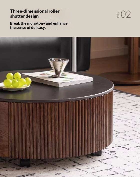 Oak Solid Wood Coffee Table with Layered Round Design and Rock Top