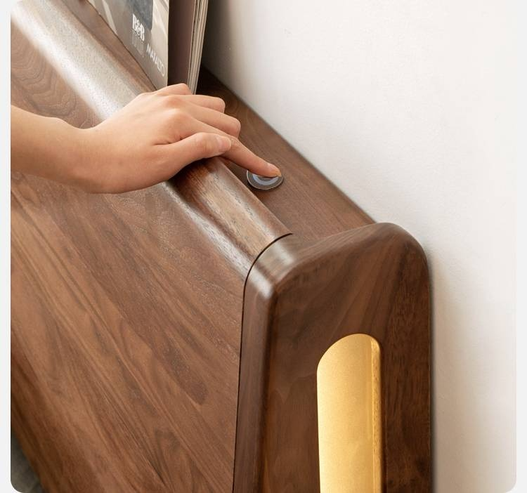 Black Walnut Solid Wood suspended bed with Ambient LED Headboard Lighting