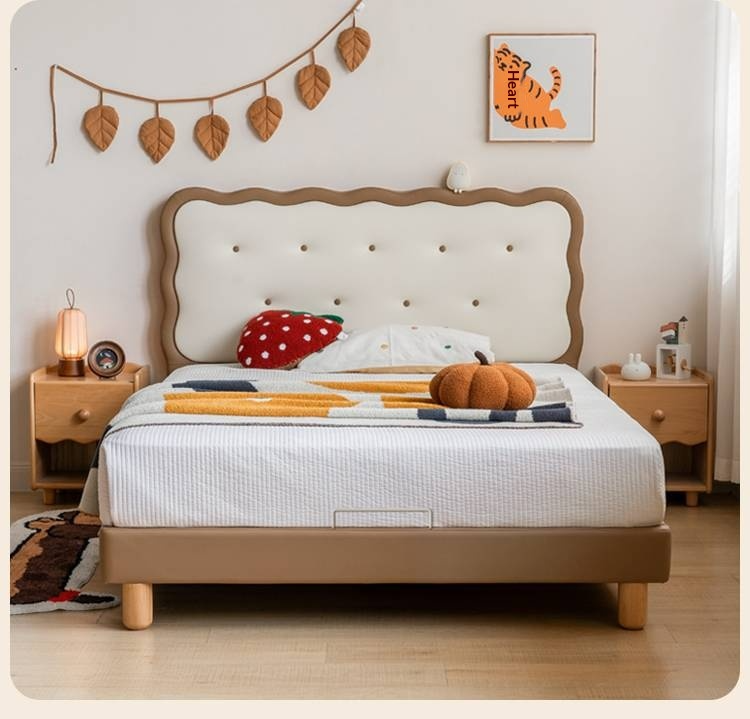 Beech Solid Wood Children's Organic Leather Soft High Headboard Biscuit Bed