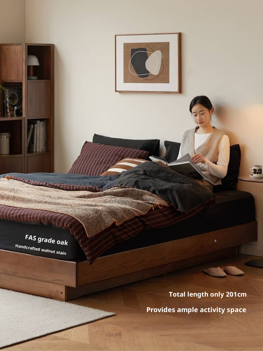 Oak Solid Wood Floating Platform Box Bed, Headboard-Free Bed with Light Modern Minimalist