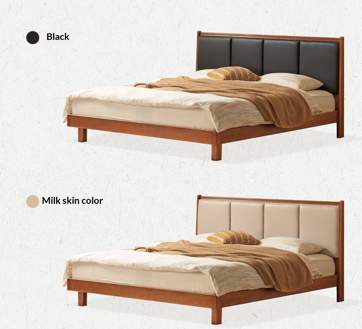 Poplar Solid Wood Mid-Century Piano Key Bed with Leather Upholstered Headboard