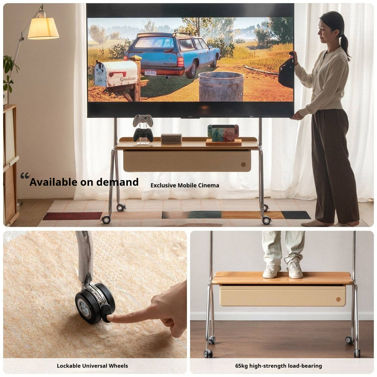 Beech Solid Wood Floor-Standing TV Stand with Modern Minimalist