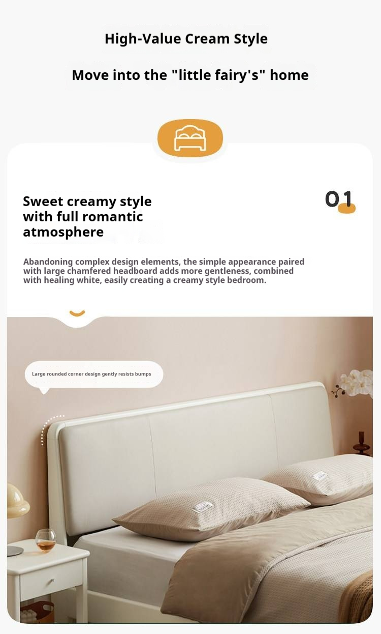 Pine Solid Wood Upholstered Bed — Modern Minimalist White Design, Light Luxury with Organic Leather