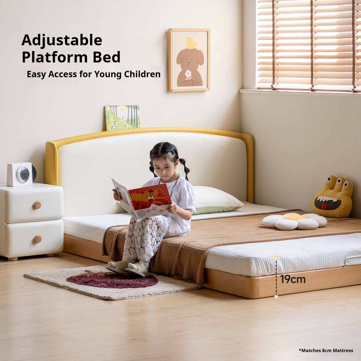 Beech Solid Wood Kids Upholstered Low Platform Bed with Curved Headboard