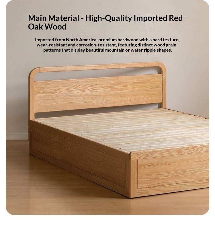 Oak, Rubberwood Solid Wood Storage Bed with Adjustable Height and Gas Lift