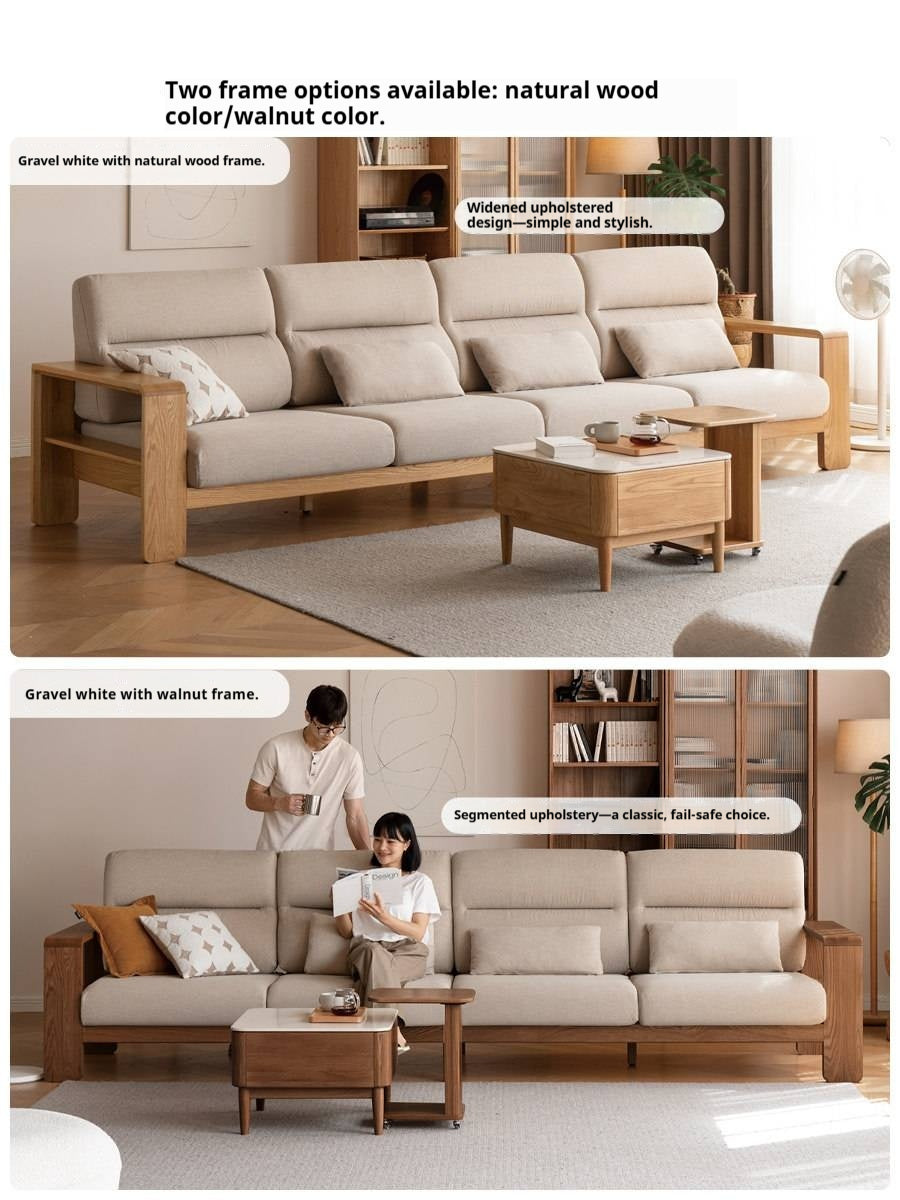 Oak Solid Wood Wide-Armrest Lounge Corner Fabric Sofa