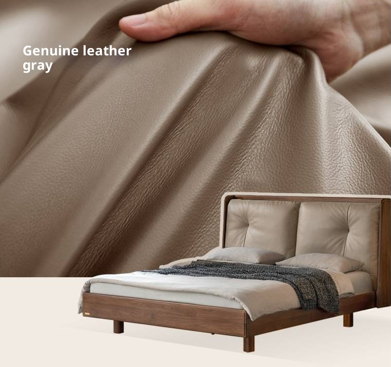 Black Walnut Solid Wood Italian Light Luxury Genuine Leather Soft Bed