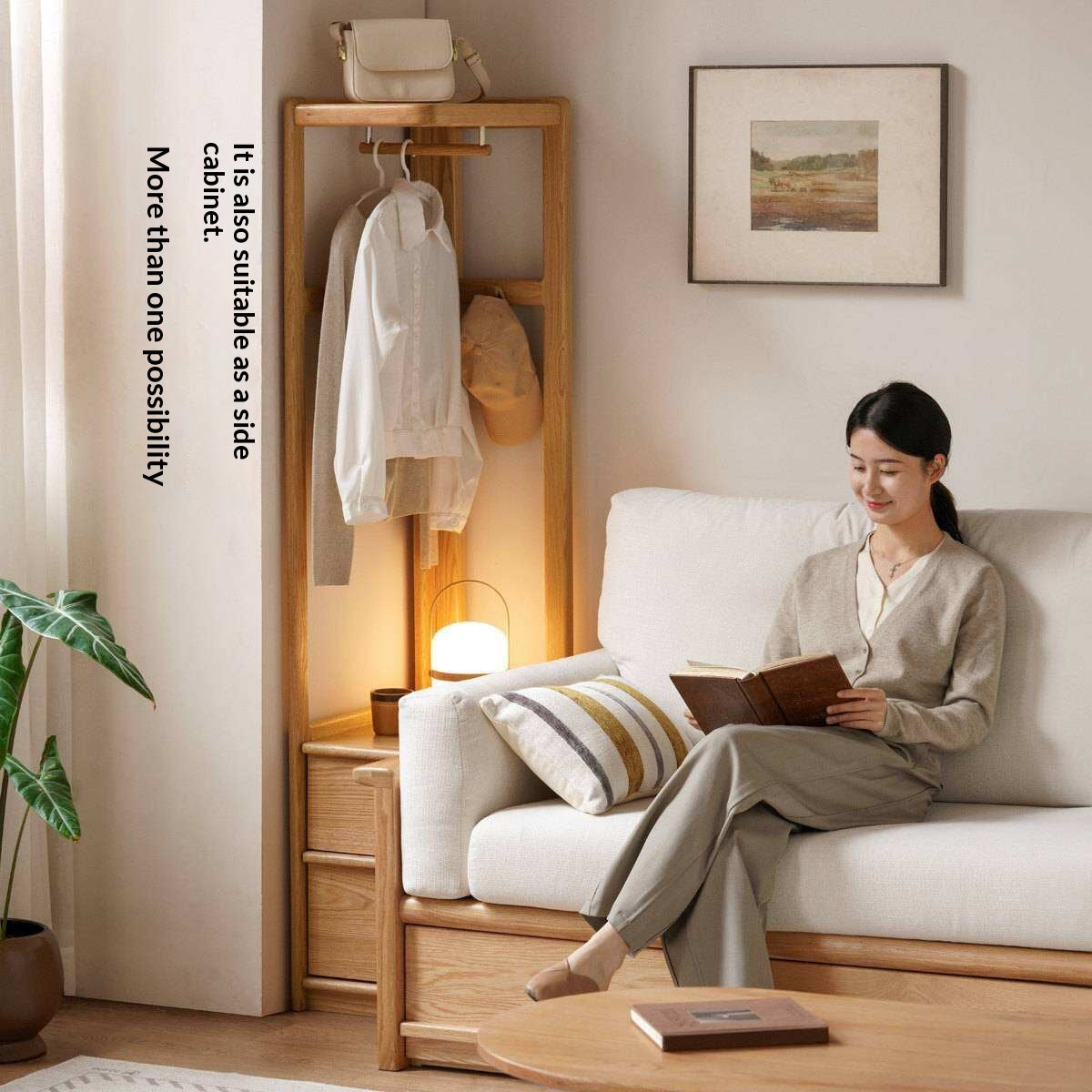 Oak Solid Wood Corner Valet Stand with Garment Rail and Storage Drawers