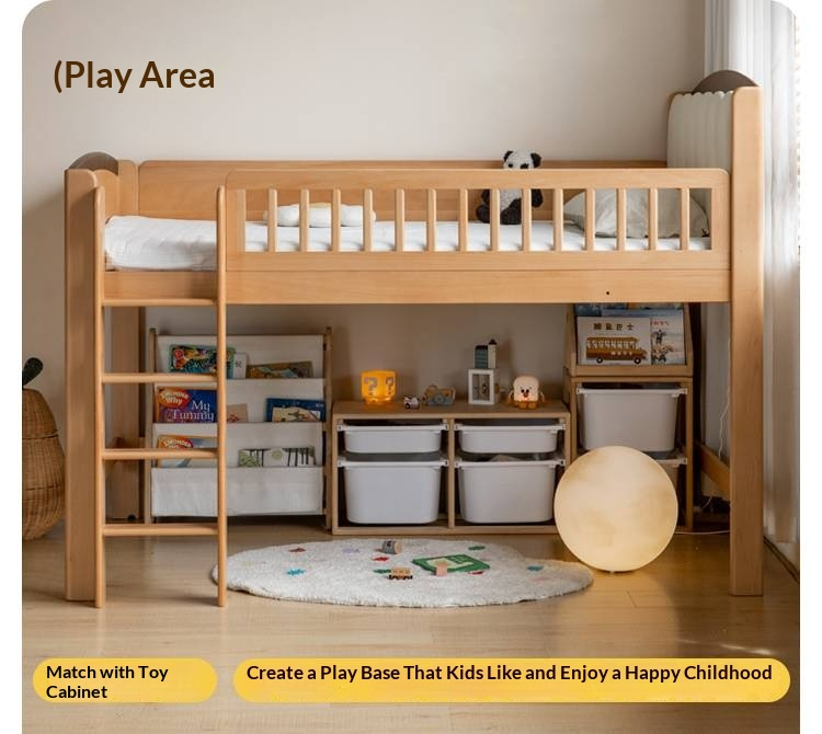 Beech Solid Wood Children's Soft Backrest Storage Loft Bed with Night Light