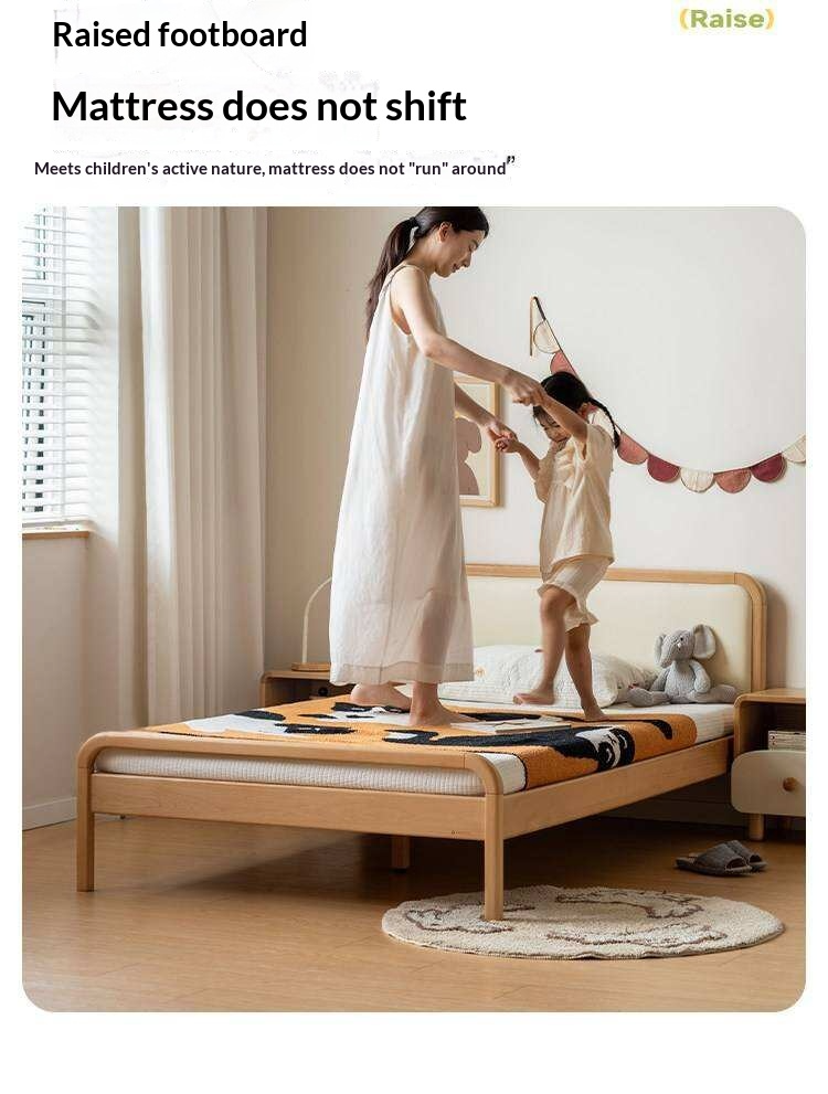 Beech Solid Wood Kids Bed with Adjustable Height and Rounded Corner Headboard