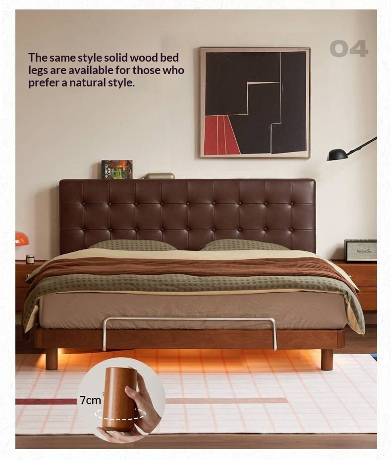 Tulipwood Solid Wood Bed — Bauhaus Style with Soft Genuine Leather Headboard