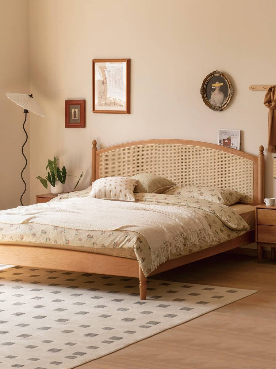 Cherry Solid Wood Rattan Bed Retro