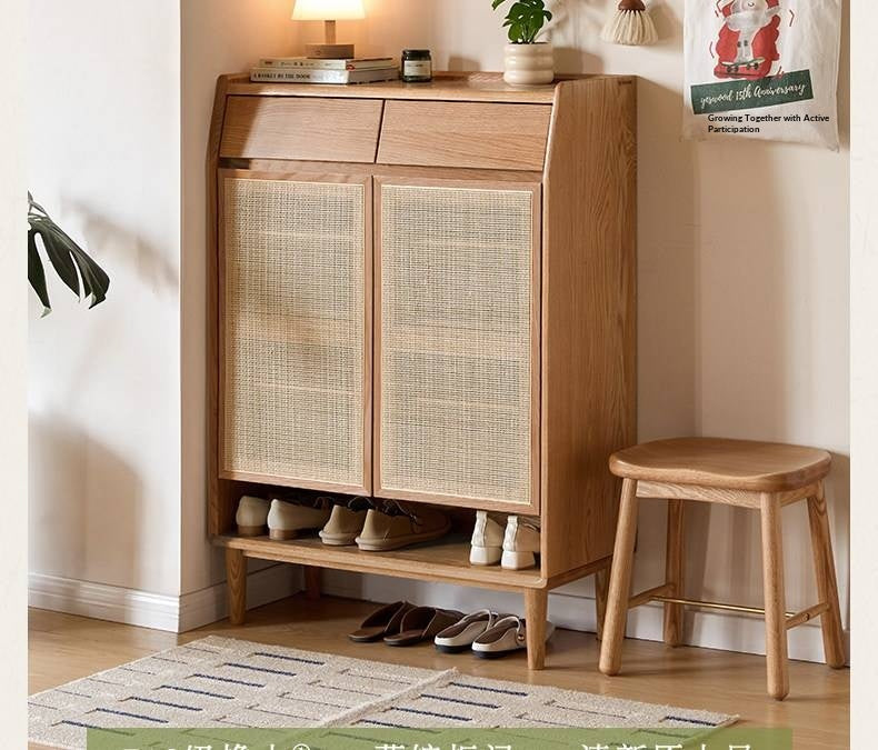 Oak Solid Wood Modern Entryway Shoe Cabinet with Drawers