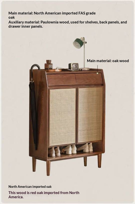 Oak Solid Wood Shoe Cabinet with Rattan Storage