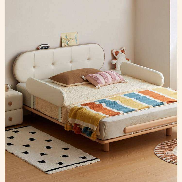 Beech Solid Wood Kids Floating Platform Bed with Upholstered Headboard and Optional Guardrails