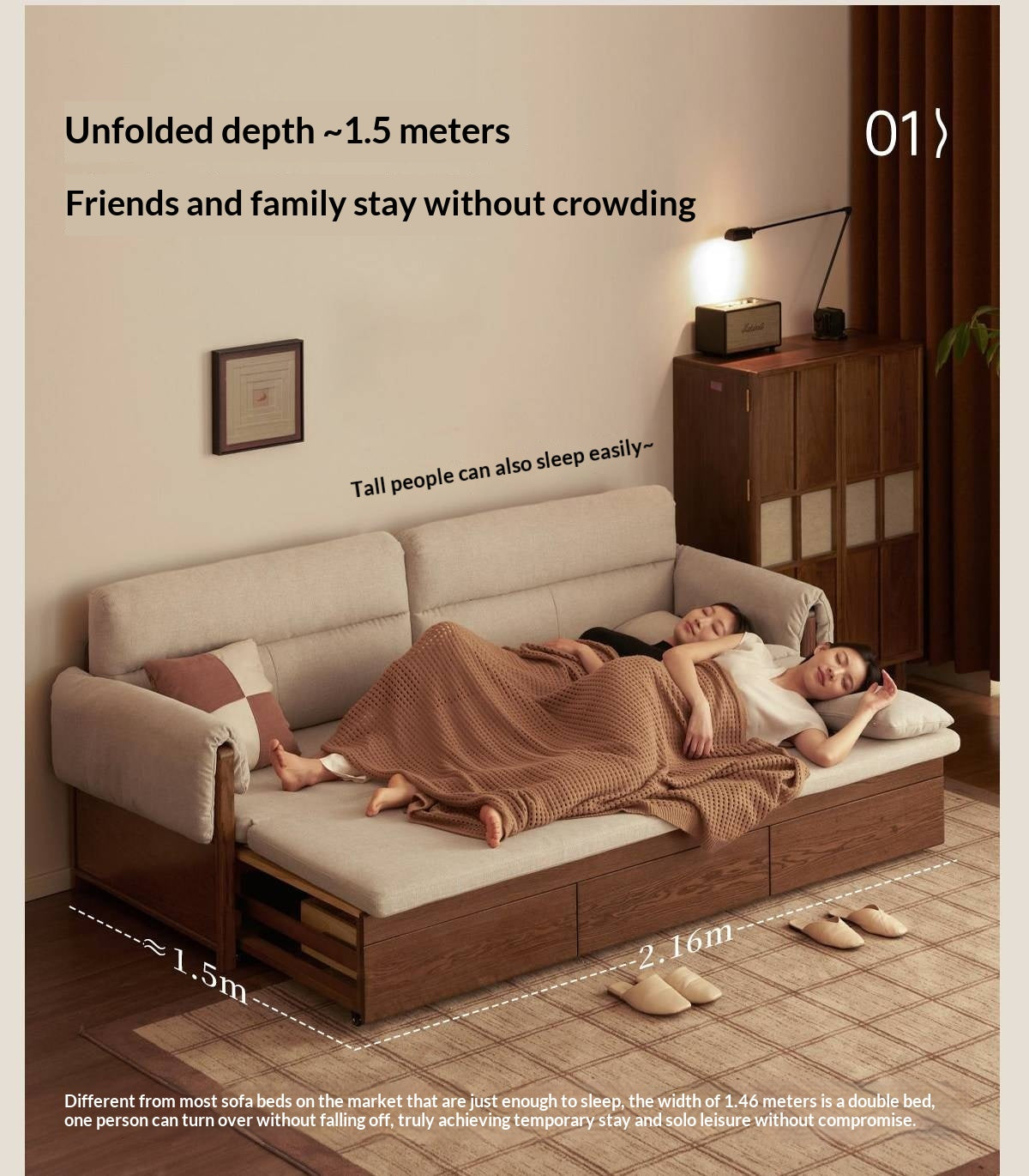 Oak Solid Wood Pull-Out Sleeper Sofa with Under-Seat Storage Drawers