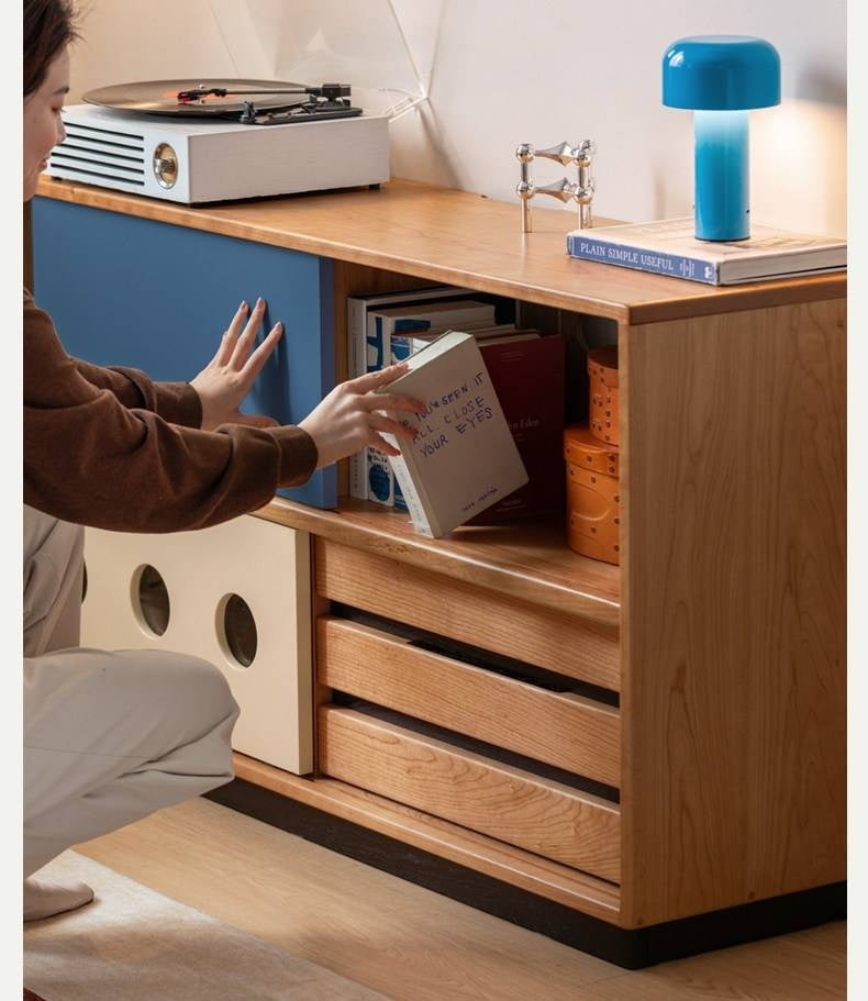 Cherry Solid Wood Vintage TV Stand with Wall-Mounted Tall Cabinet Design