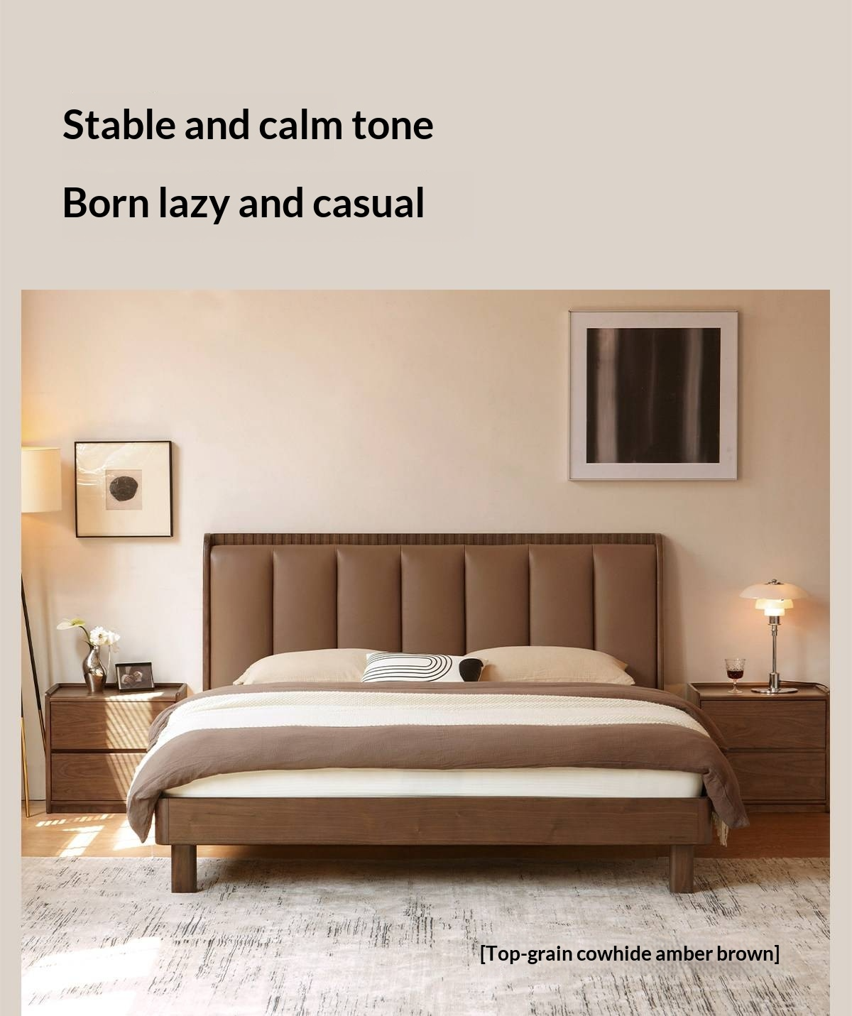 Black Walnut, Golden Sandalwood Solid Wood Genuine Leather Extra Tall Vertical Channel Tufted Platform Bed