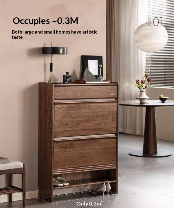 Black Walnut Solid Wood Flip Door Shoe Cabinet, Italian Style Entryway Storage Organizer