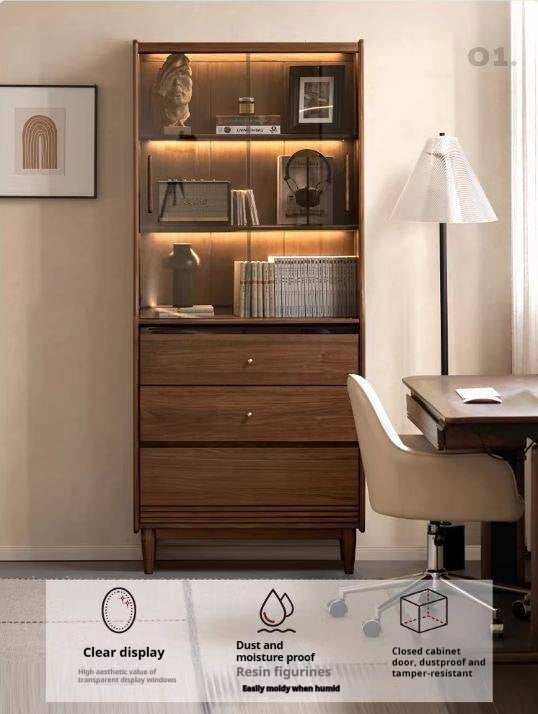 Black Walnut Solid Wood Bookcase with Interior Lighting