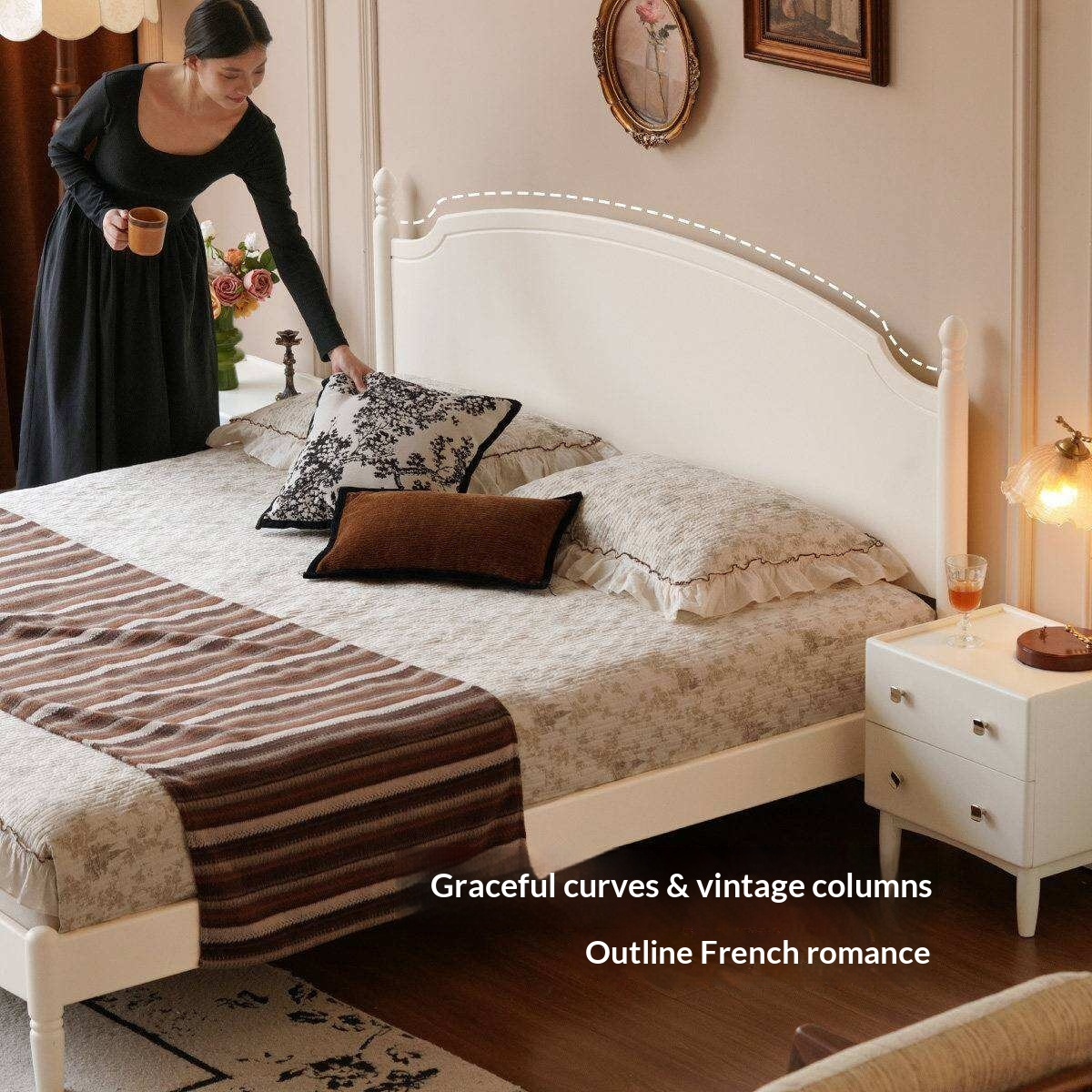 Rubberwood Solid Wood French Style Bed with White Curved Headboard and Elegant Retro Frame