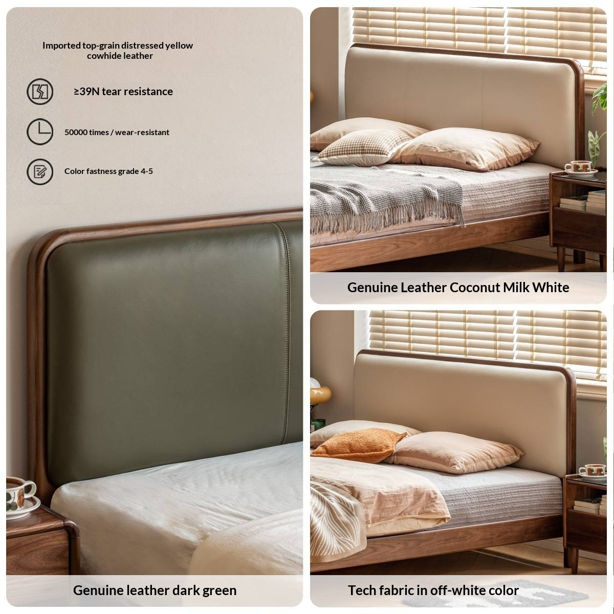 Black Walnut, Beech Solid Wood Retro Upholstered Large Bed