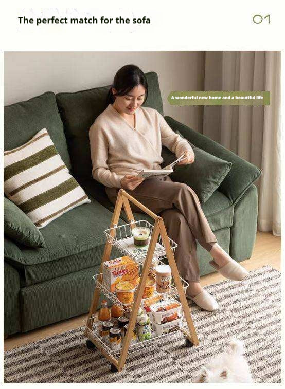 Beech Solid Wood Storage Rack with Multi-Layer and Mobile Trolley
