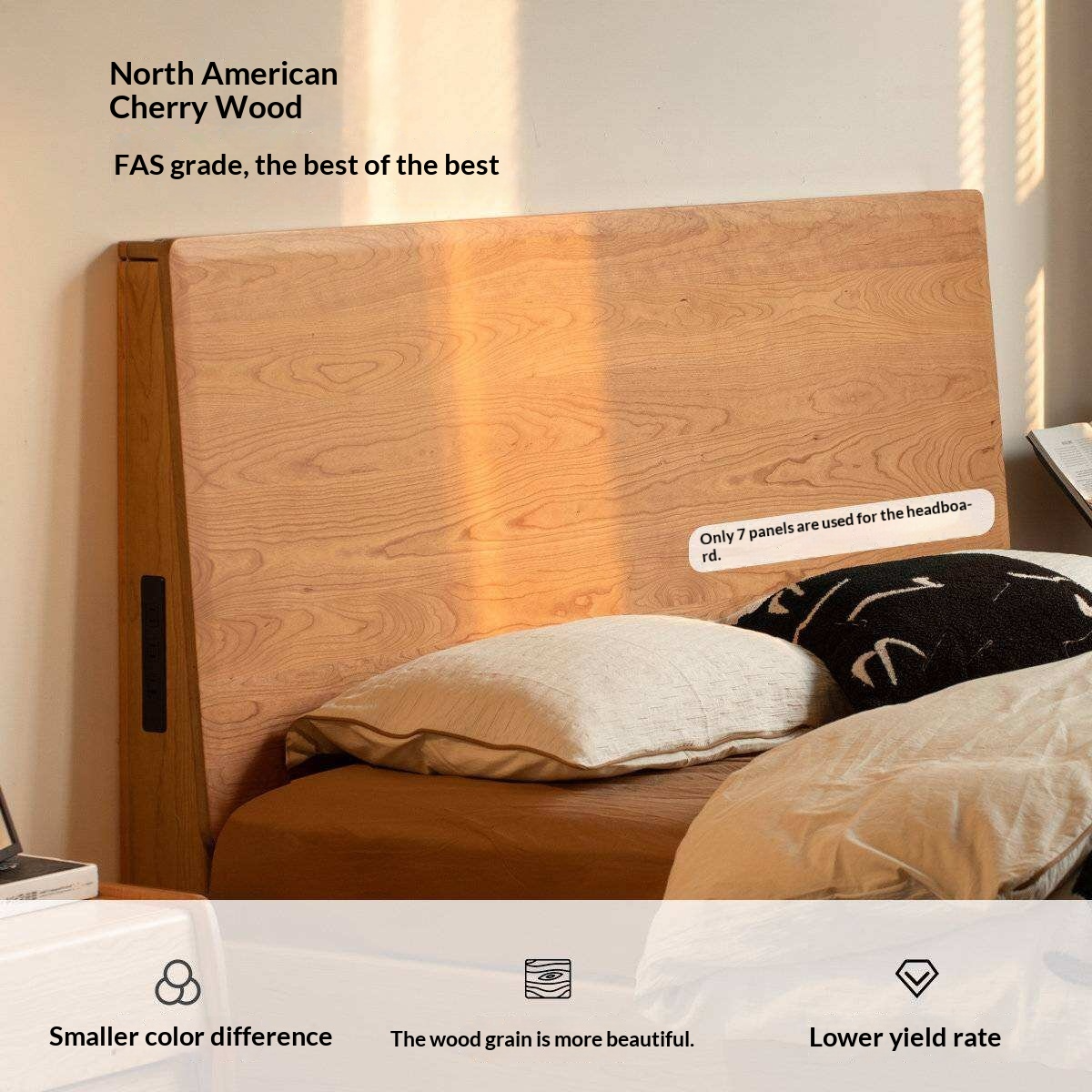 Cherry Solid Wood Bed Modern Minimalist Luminous Bed