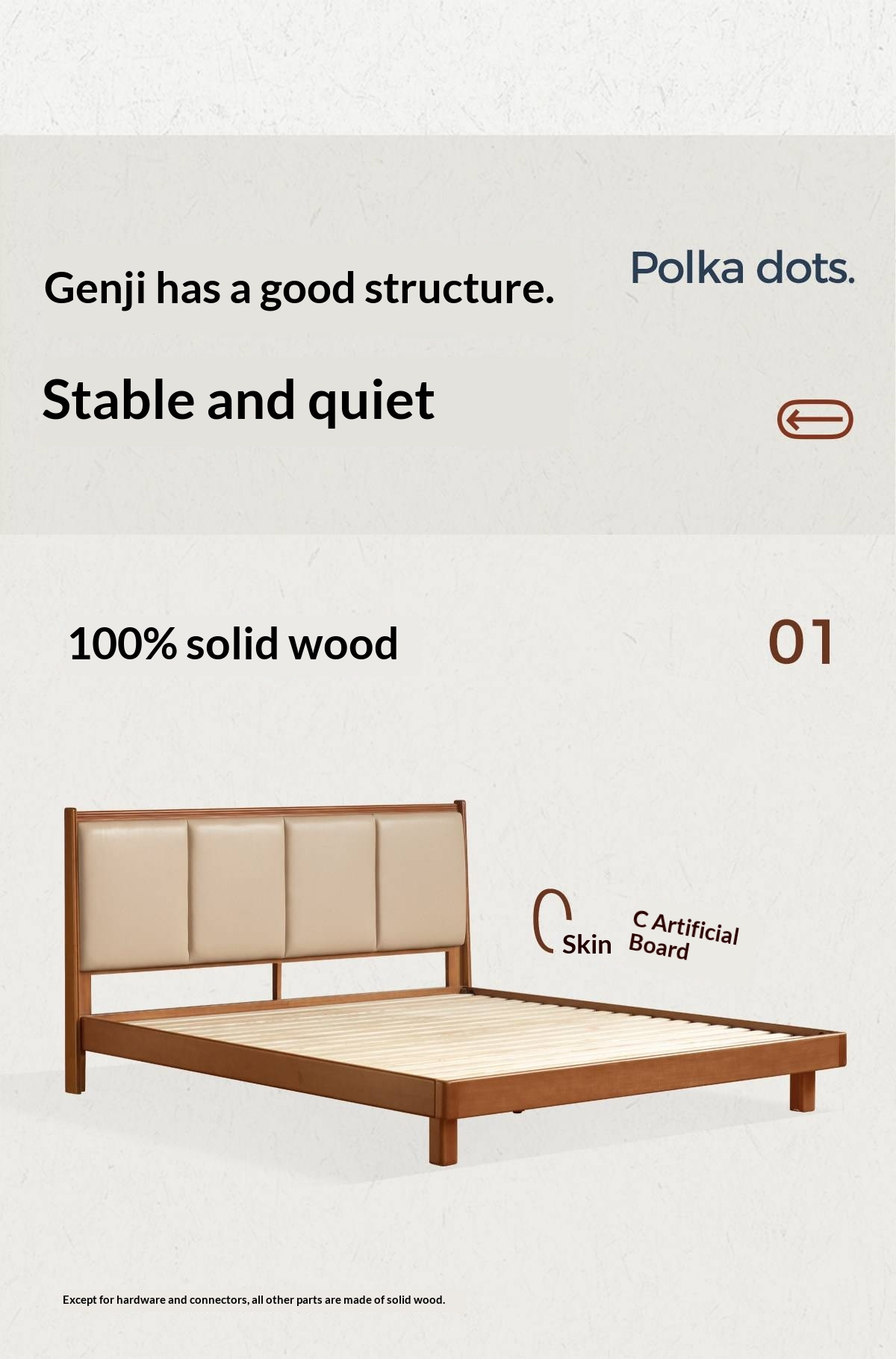 Poplar Solid Wood Mid-Century Piano Key Bed with Leather Upholstered Headboard