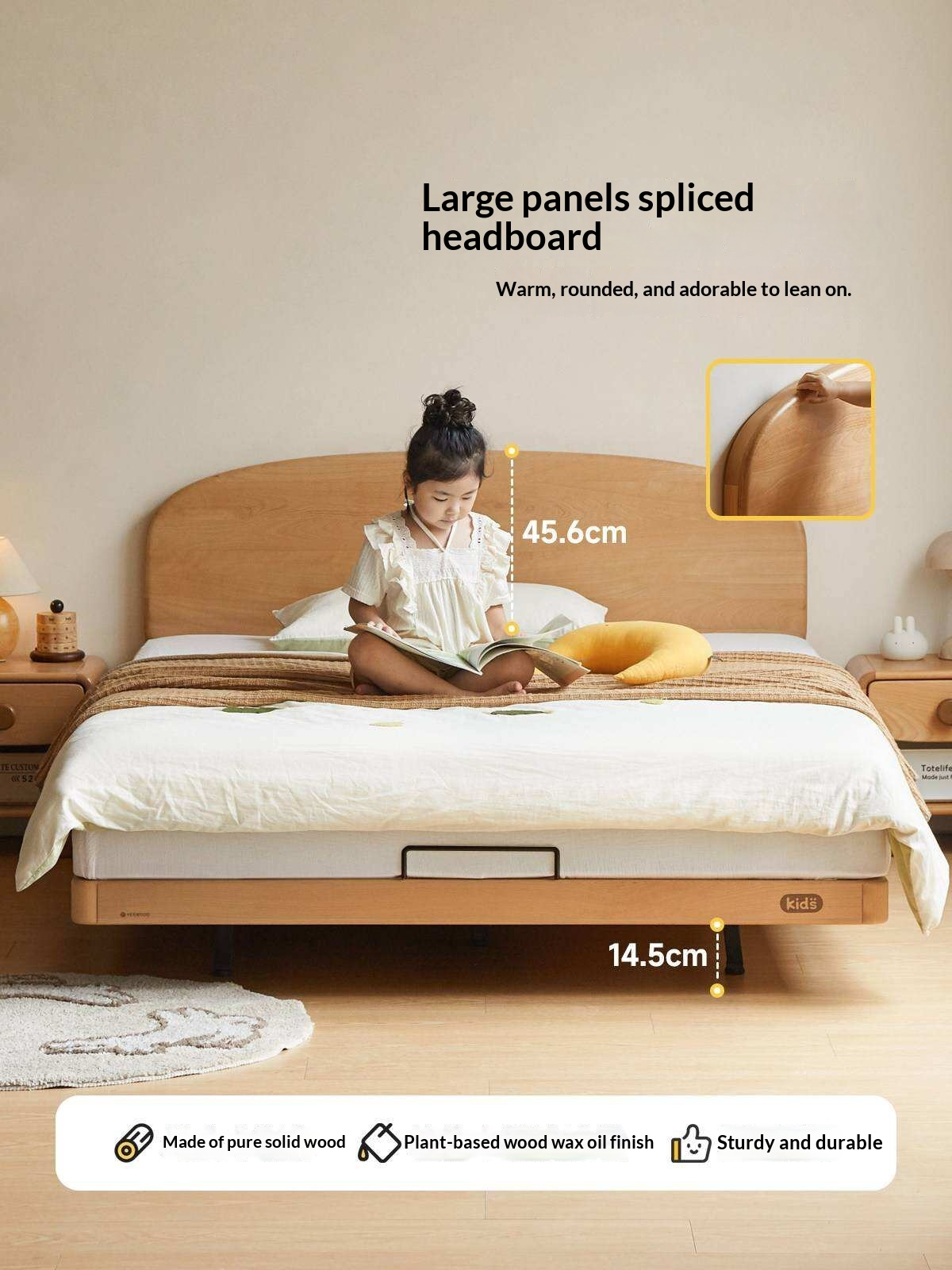 Beech Solid Wood Kids Platform Bed with Rounded Headboard