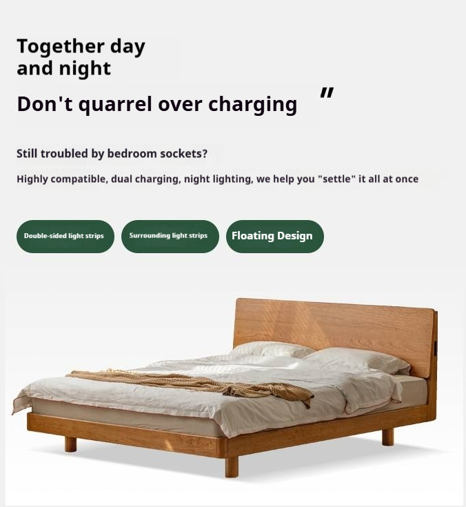 Cherry Solid Wood with Light Floating Bed Retro Simple