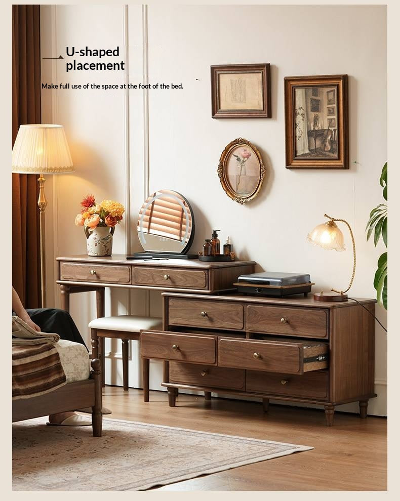 Black Walnut, Oak Solid Wood Extendable Vanity Desk and 6-Drawer Dresser Combo