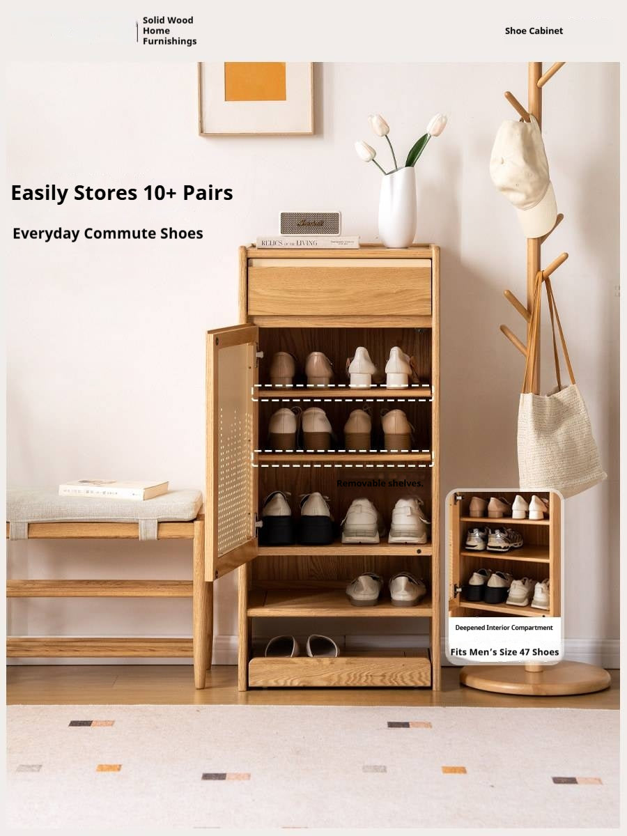 Oak Solid Wood Narrow Shoe Storage Cabinet with Pull-Out Drawer