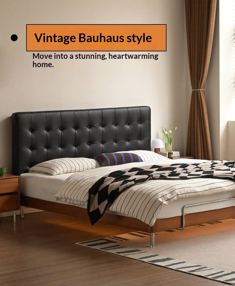 Tulipwood Solid Wood Bed — Bauhaus Style with Soft Genuine Leather Headboard