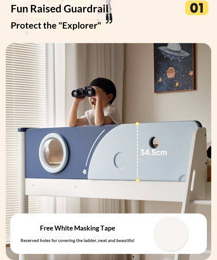 Rubberwood Solid Wood Spaceship-Themed Bunk Bed with Porthole Window