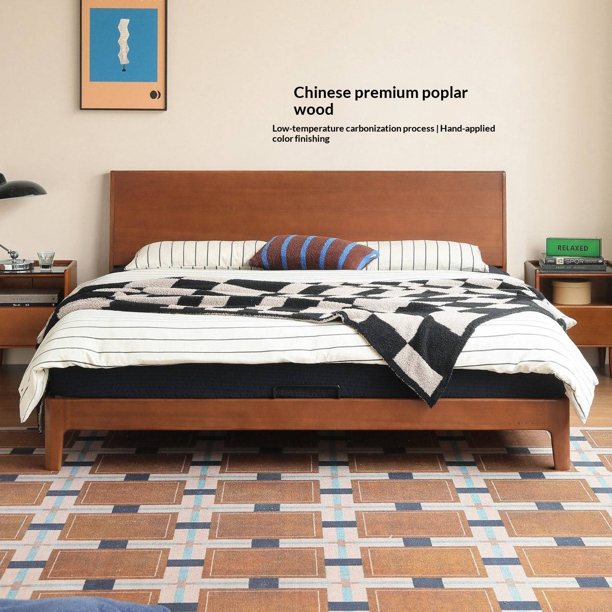 Poplar Solid Wood Bed — Mid-Century Style