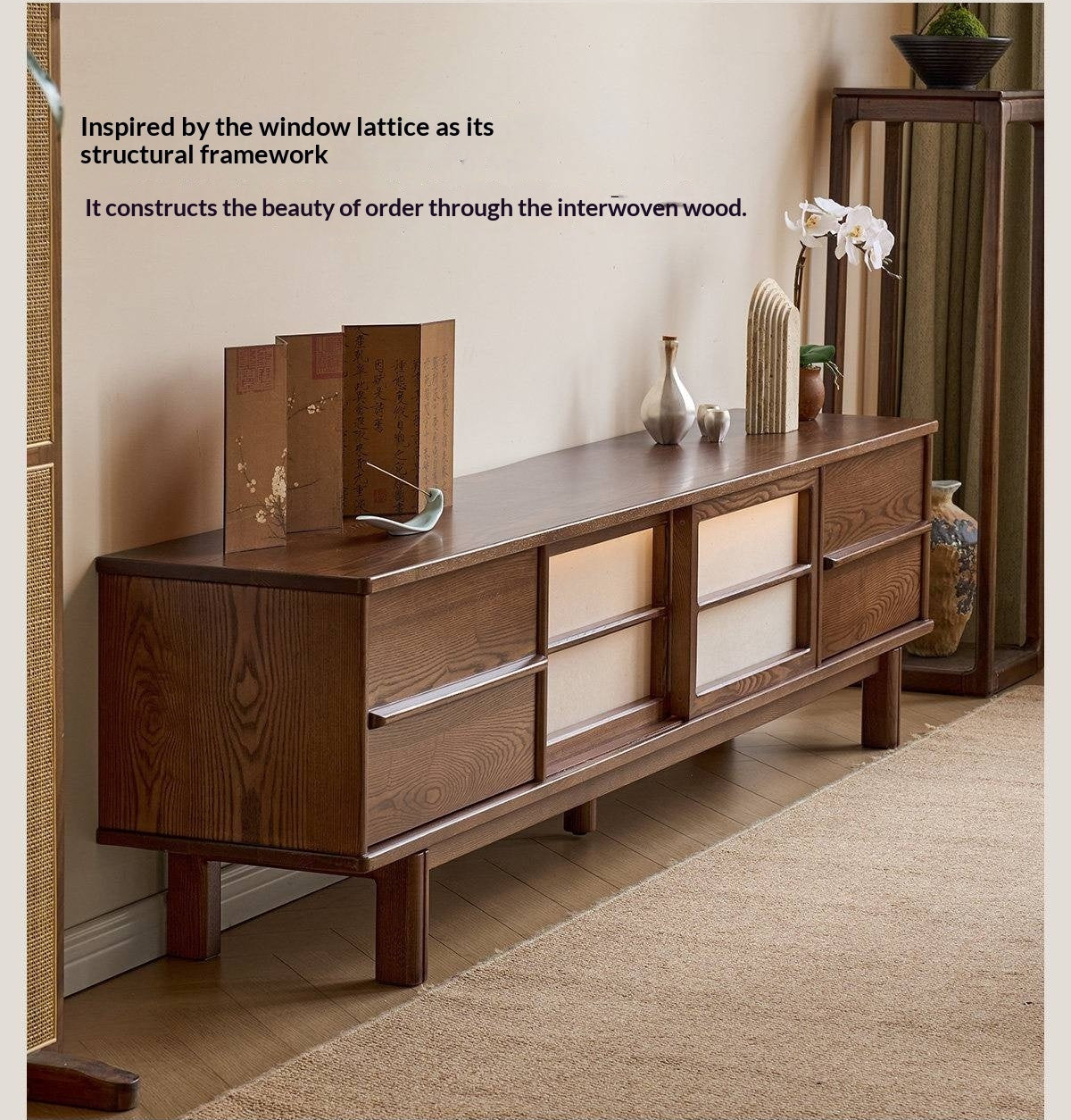Ash Solid Wood Japanese Shoji-Style TV Console with LED Ambient Lighting