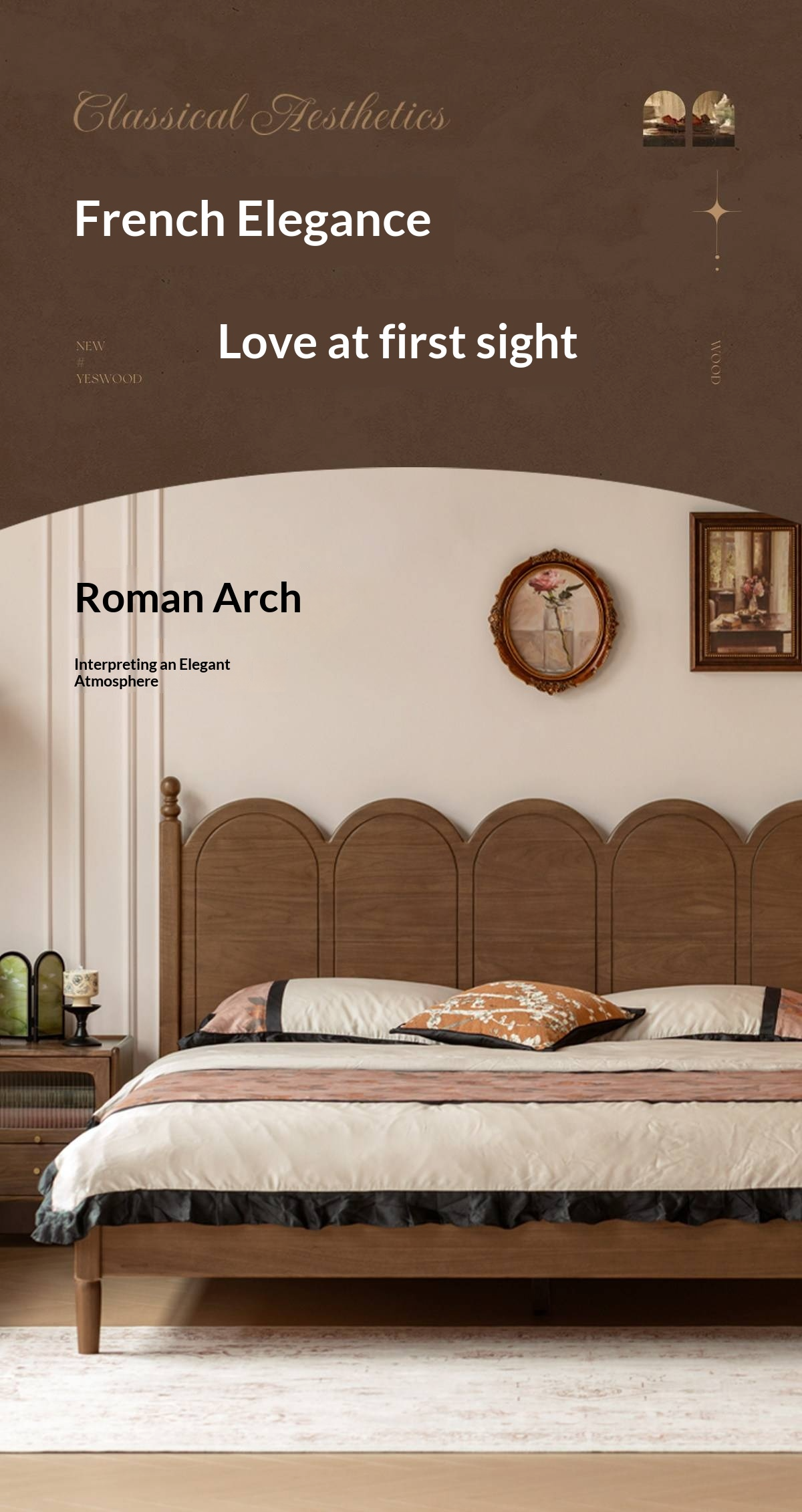 Black Walnut Solid Wood French Country Arched Platform Bed with Turned Posts