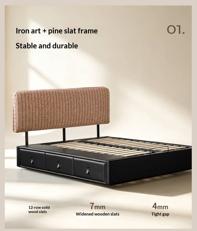 Terracotta Corduroy Storage Bed with Adjustable Headboard and Black Faux Leather Base