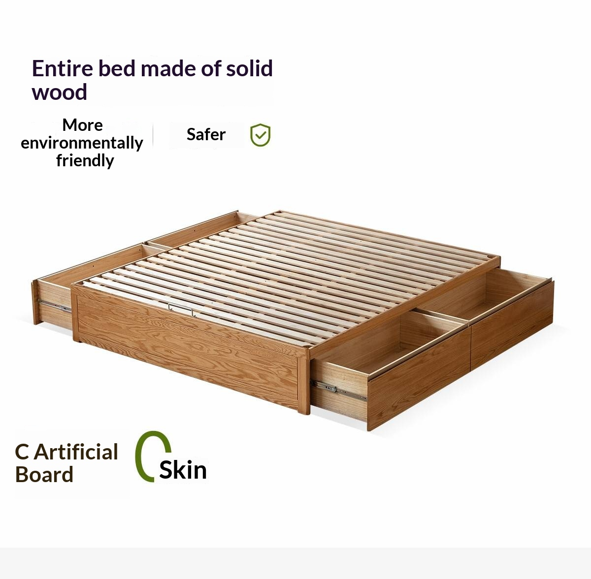 Oak Solid Wood Storage Platform Bed with Drawers, Natural Color
