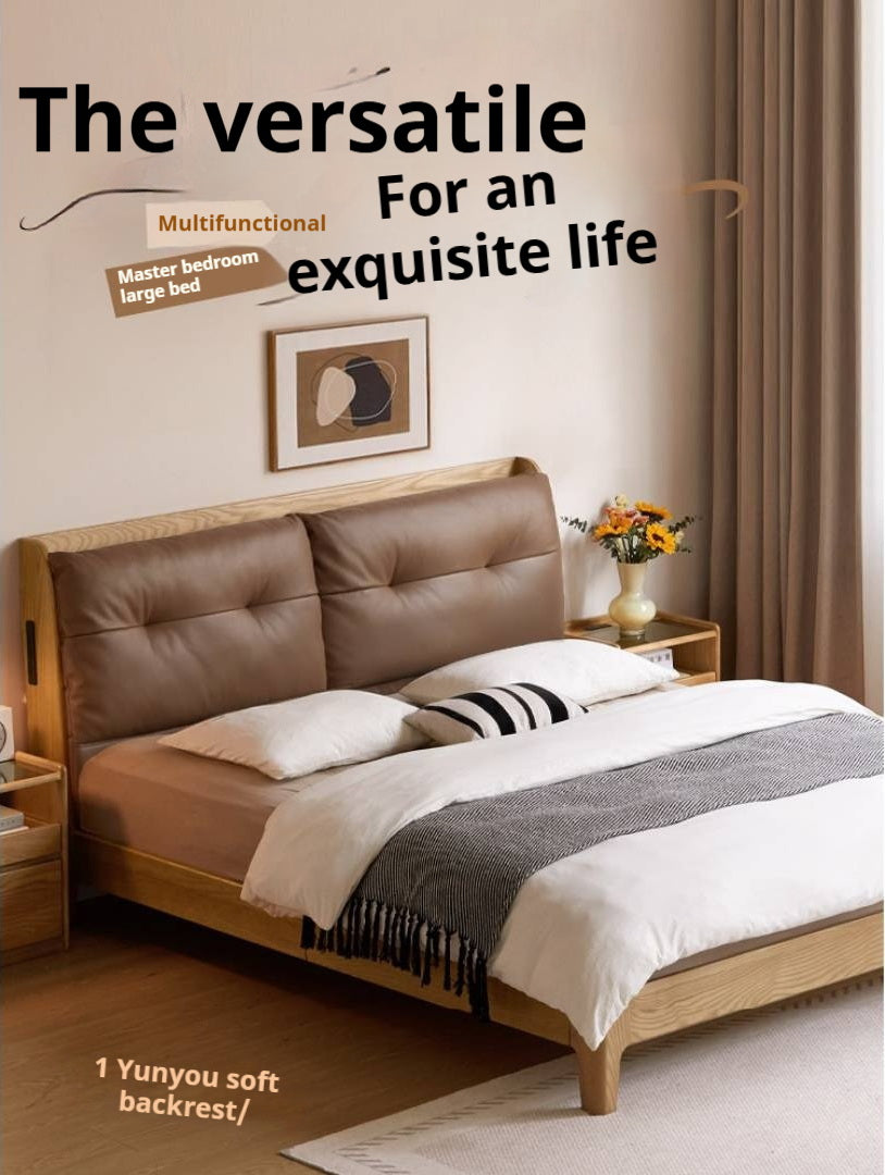 Ash Solid Wood Modern Leather Tufted Platform Bed with USB Charging Port